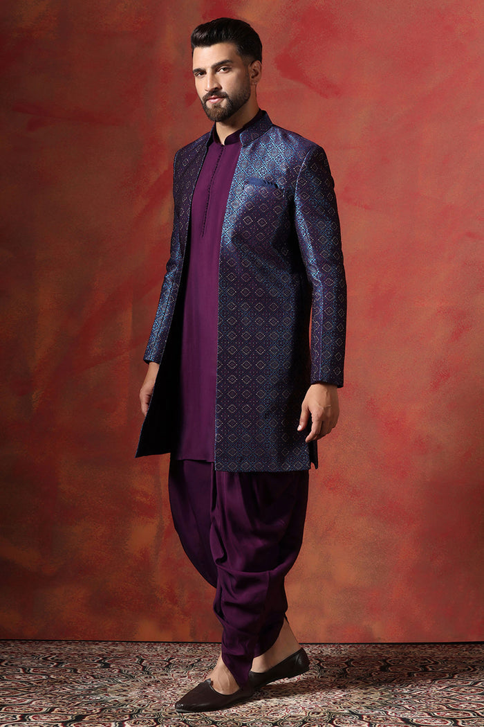 Deep Purple Solid Jacquard Sherwani Set