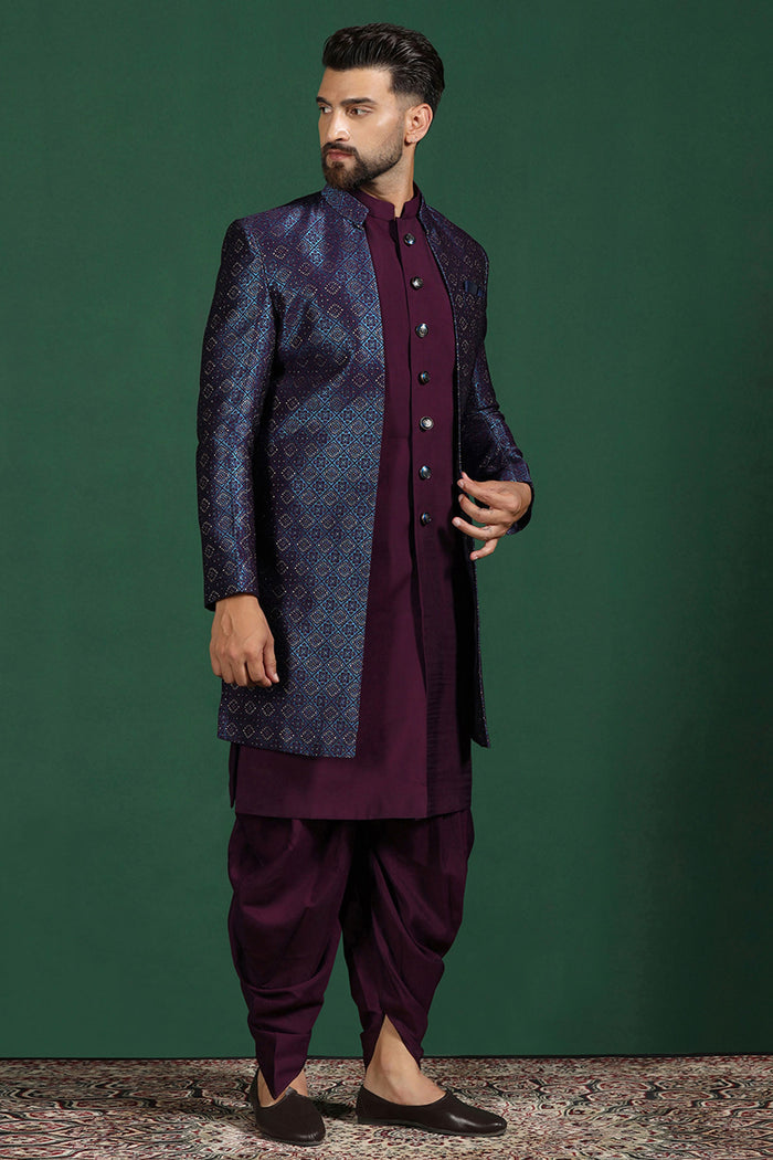 Deep Purple Solid Jacquard Sherwani Set