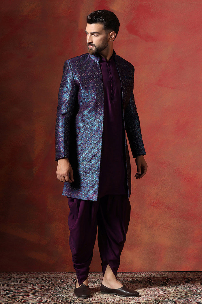 Deep Purple Solid Jacquard Sherwani Set