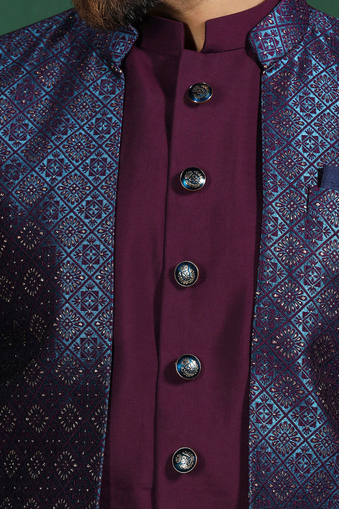 Deep Purple Solid Jacquard Sherwani Set