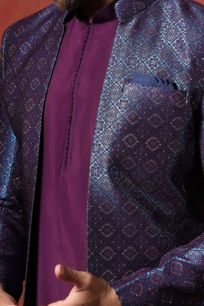 Deep Purple Solid Jacquard Sherwani Set