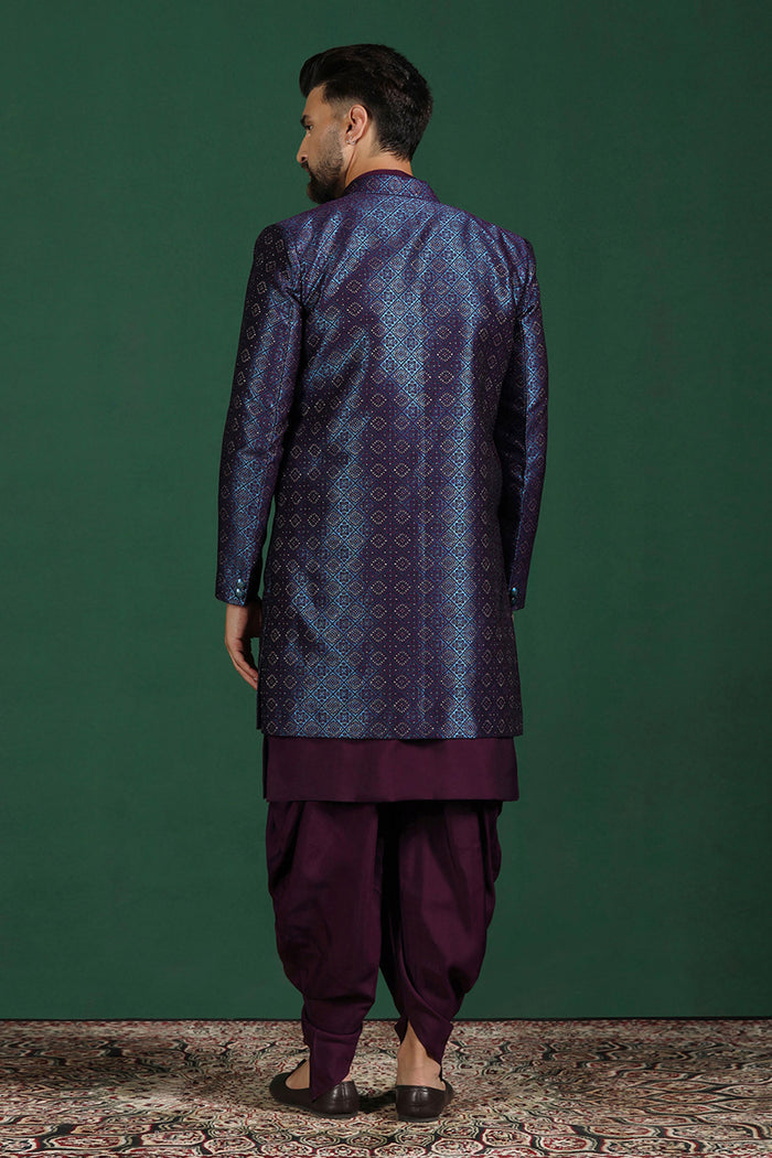 Deep Purple Solid Jacquard Sherwani Set
