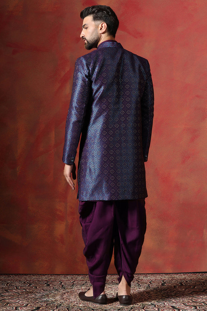 Deep Purple Solid Jacquard Sherwani Set