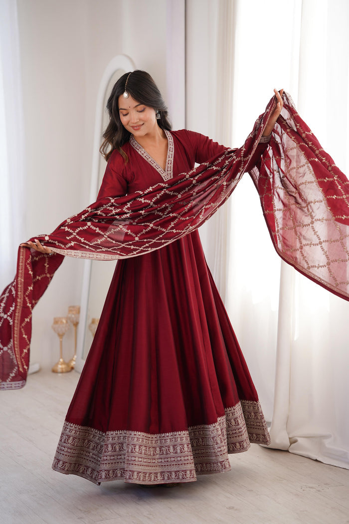 Deep Red Embroidered Silk Anarkali Set