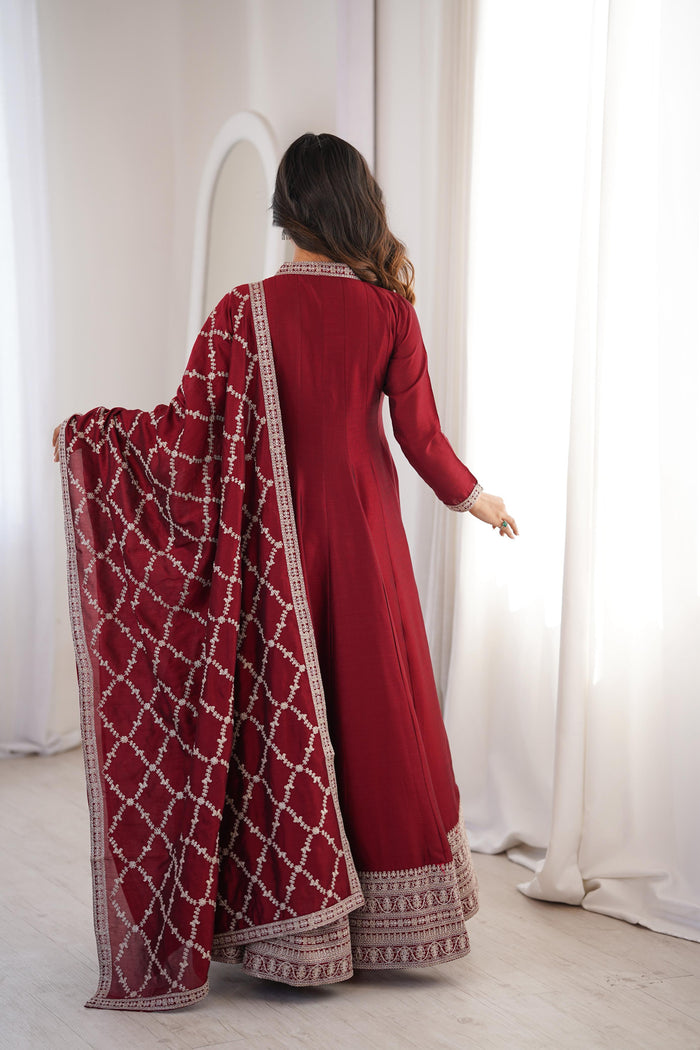 Deep Red Embroidered Silk Anarkali Set