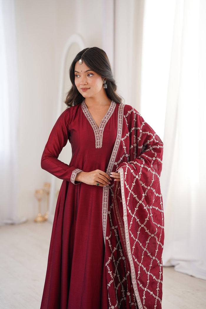 Deep Red Embroidered Silk Anarkali Set