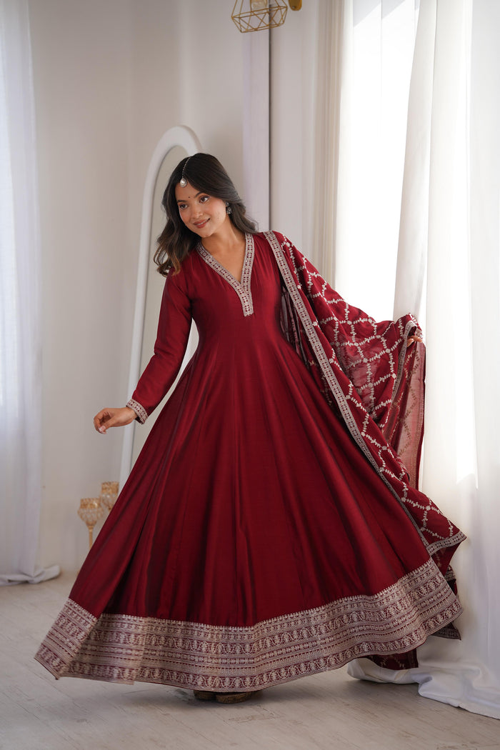 Deep Red Embroidered Silk Anarkali Set