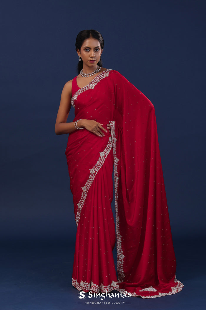 Deep Red Satin Saree With Stone Work