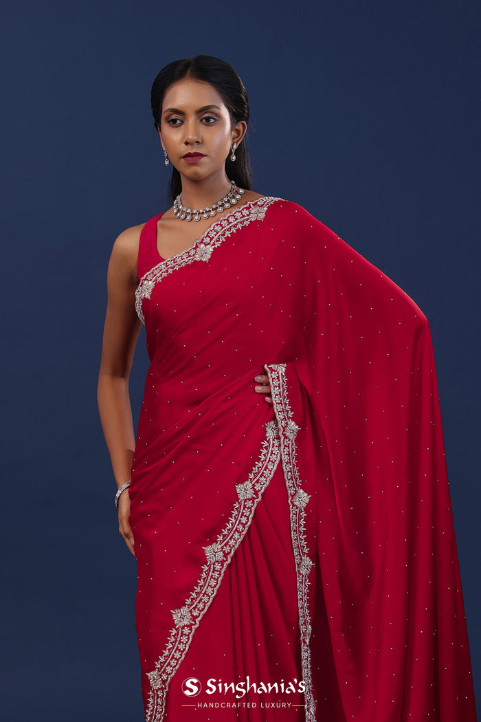 Deep Red Satin Saree With Stone Work