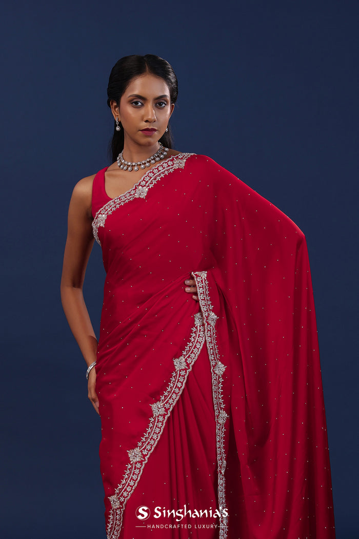 Deep Red Satin Saree With Stone Work