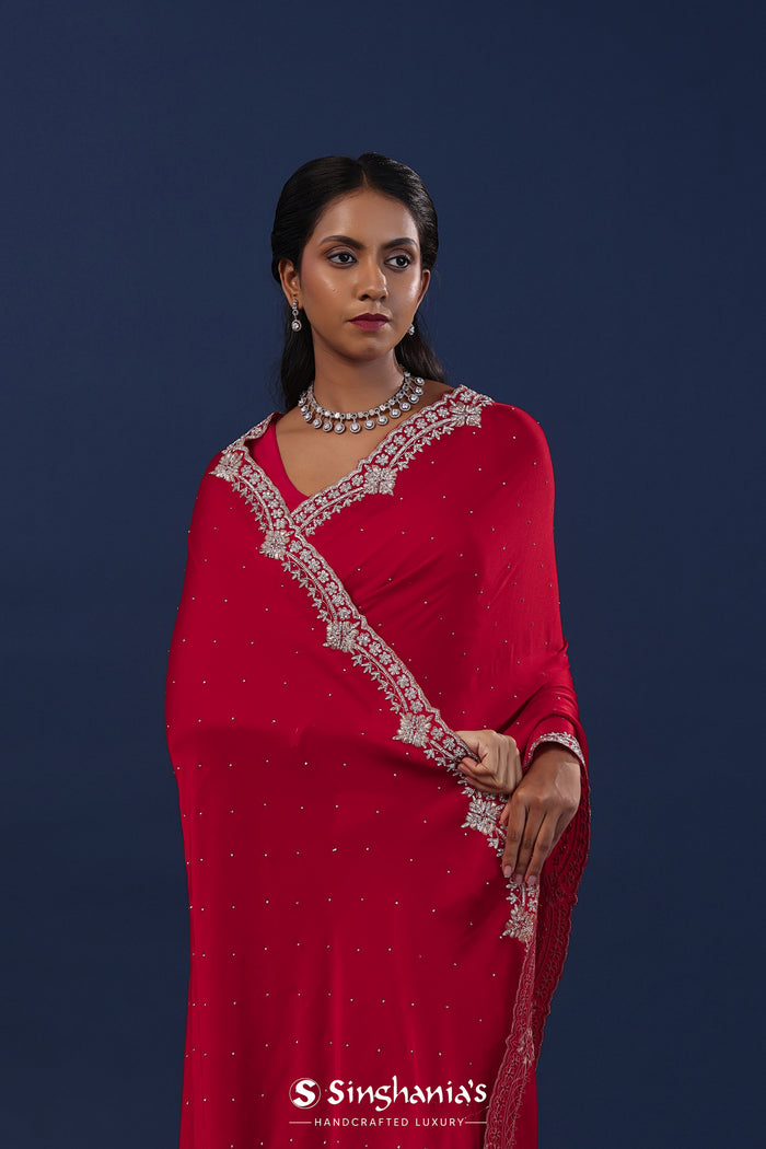 Deep Red Satin Saree With Stone Work