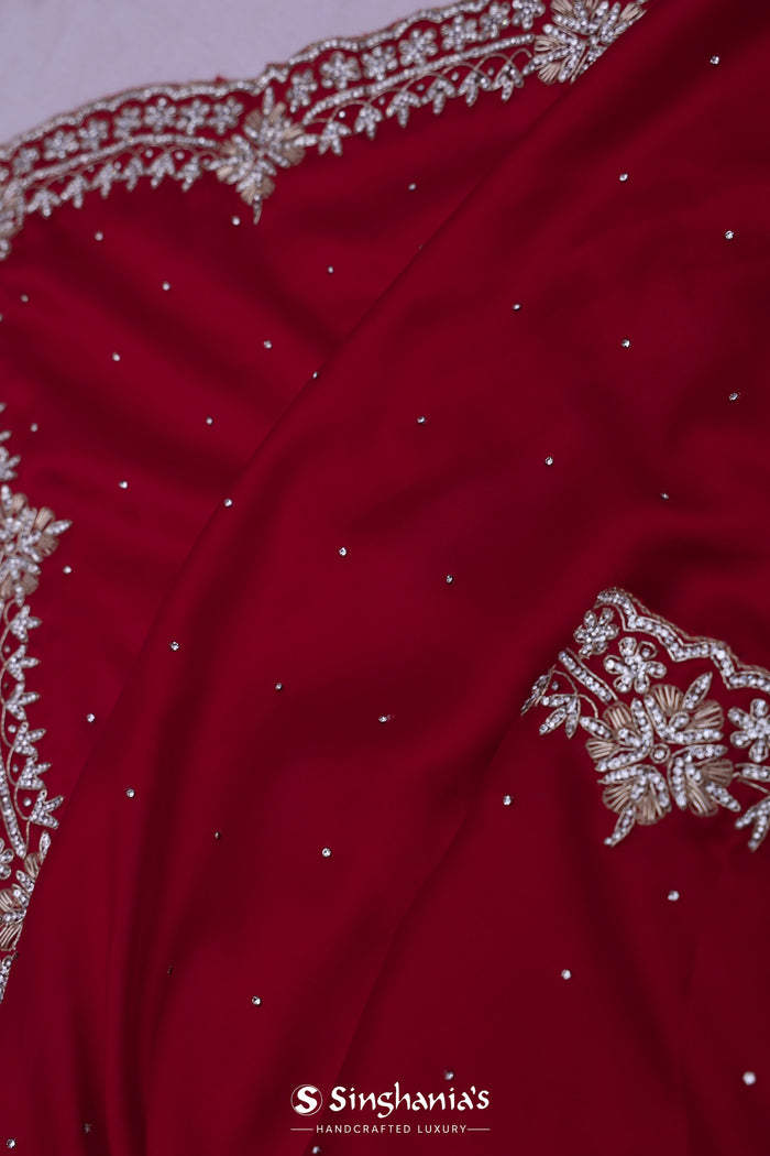 Deep Red Satin Saree With Stone Work