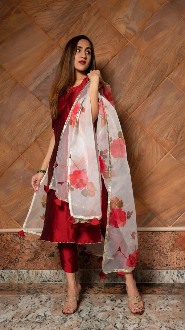Deep Red Silk Blend Salwar Set With Floral Printed Dupatta