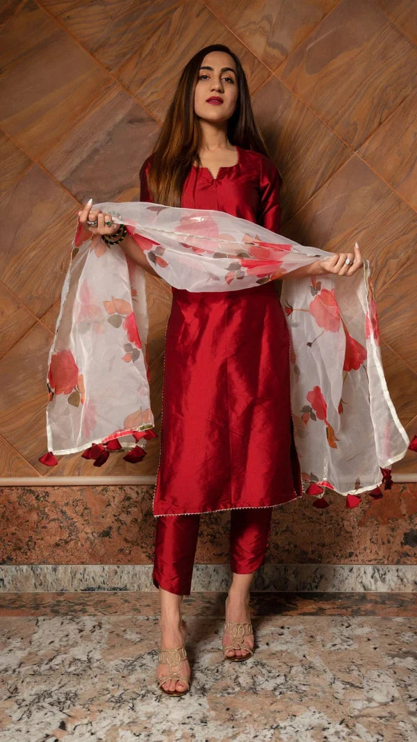Deep Red Silk Blend Salwar Set With Floral Printed Dupatta