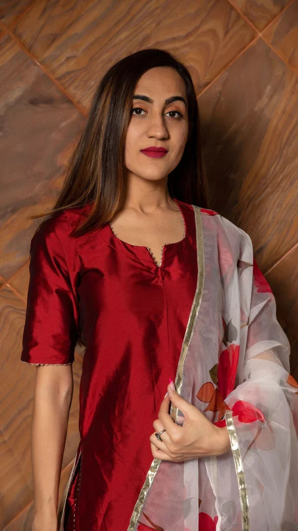 Deep Red Silk Blend Salwar Set With Floral Printed Dupatta