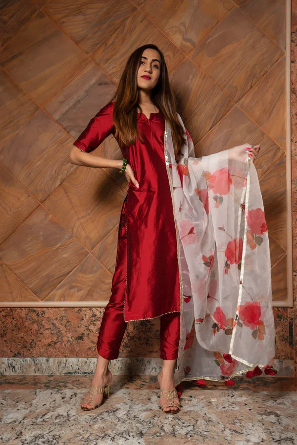 Deep Red Silk Blend Salwar Set With Floral Printed Dupatta