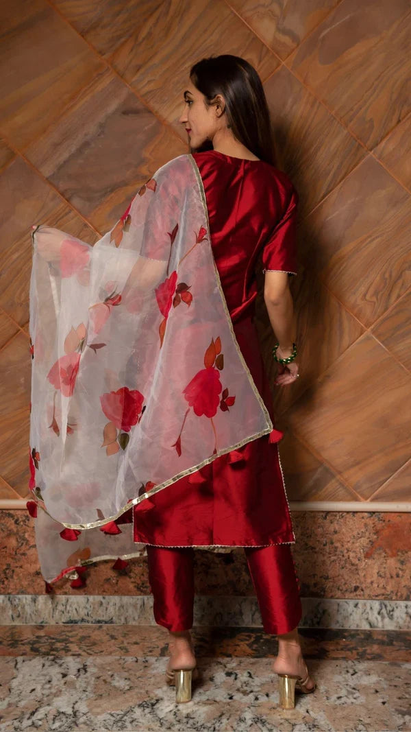 Deep Red Silk Blend Salwar Set With Floral Printed Dupatta