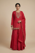 Deep Red Silk Embroidered Sharara Set