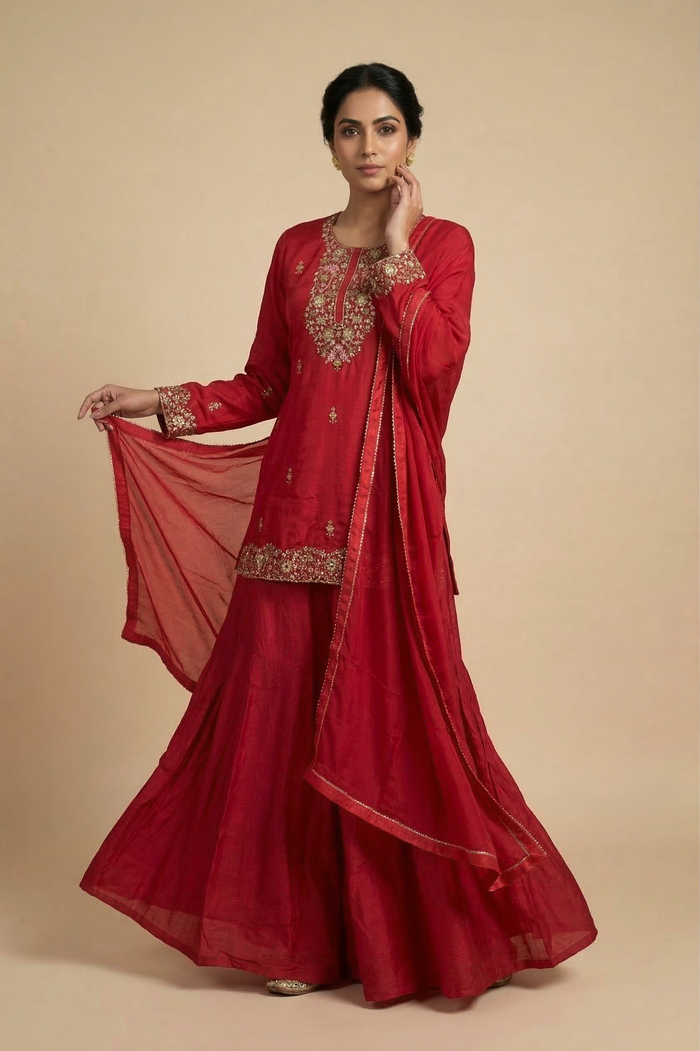 Deep Red Silk Embroidered Sharara Set