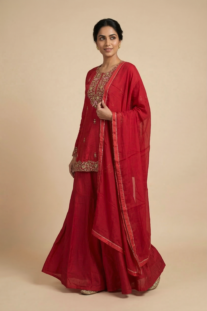 Deep Red Silk Embroidered Sharara Set