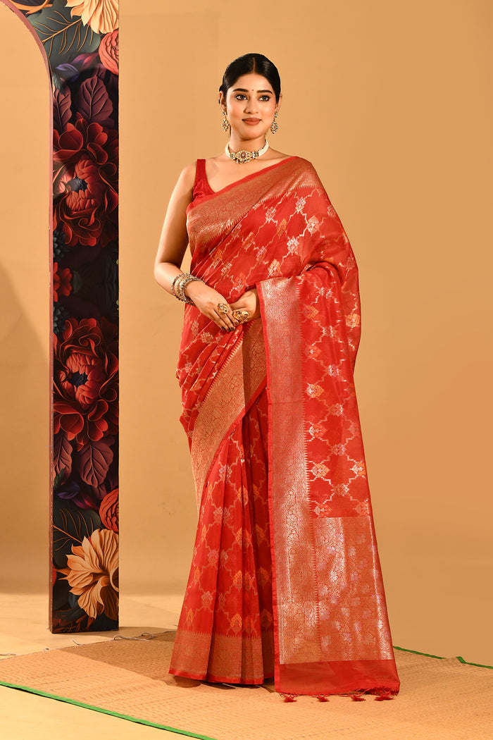 Deep Red With White Motif & Gold Zari Border And Pallu Banarasi Silk Saree