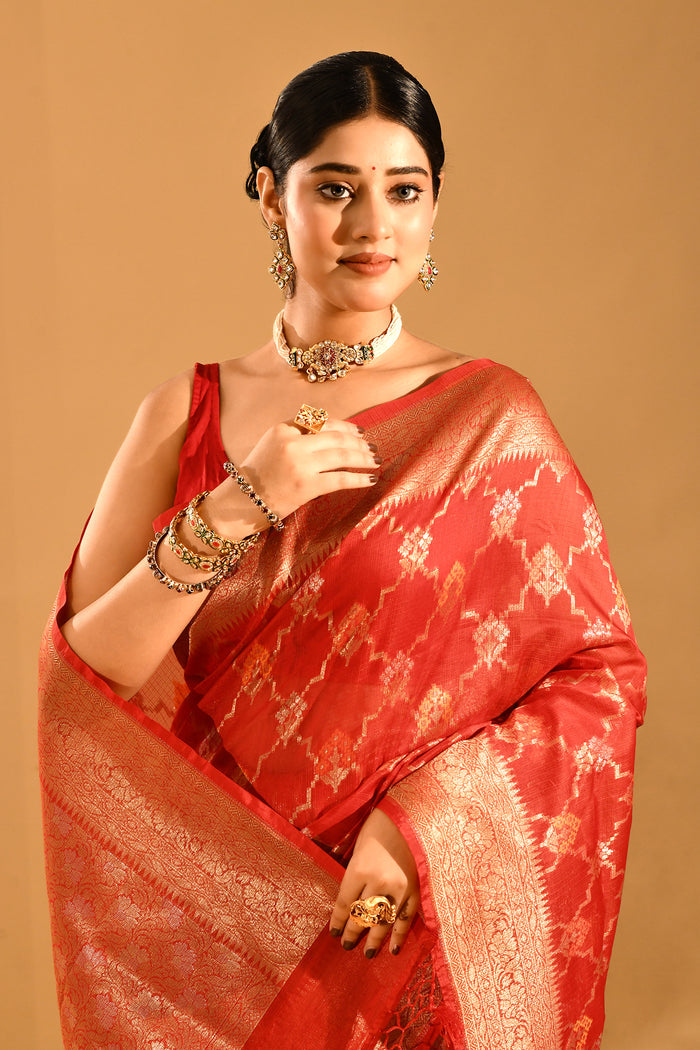 Deep Red With White Motif & Gold Zari Border And Pallu Banarasi Silk Saree
