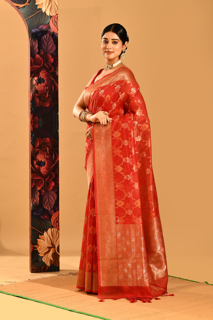 Deep Red With White Motif & Gold Zari Border And Pallu Banarasi Silk Saree