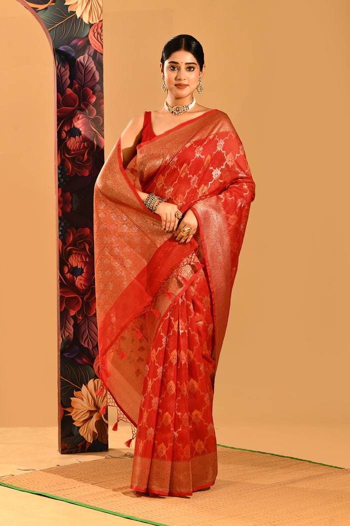 Deep Red With White Motif & Gold Zari Border And Pallu Banarasi Silk Saree