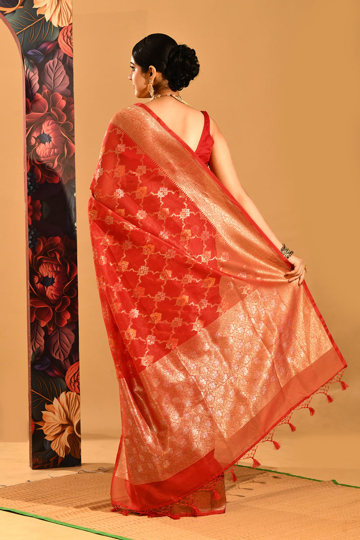 Deep Red With White Motif & Gold Zari Border And Pallu Banarasi Silk Saree