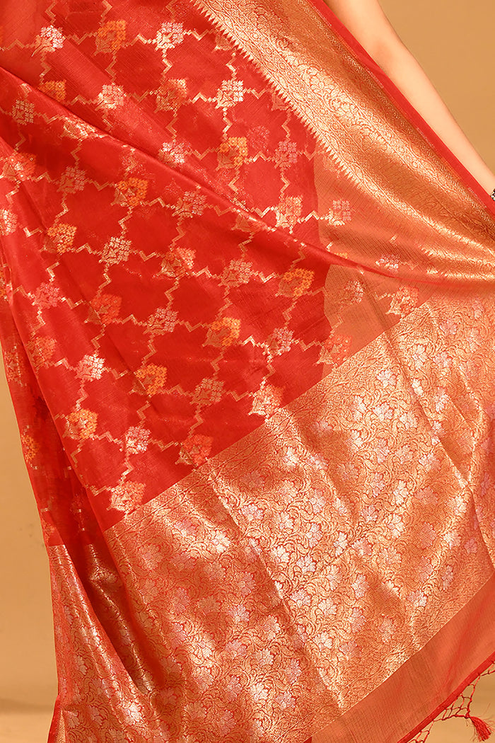 Deep Red With White Motif & Gold Zari Border And Pallu Banarasi Silk Saree
