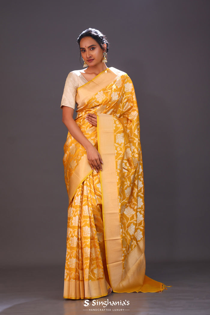 <img> Deep Saffron Jaal Banarasi Silk Saree