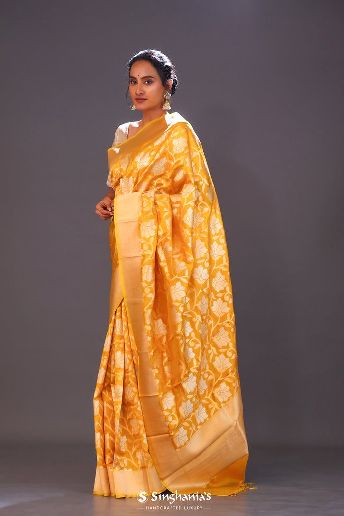 <img> Deep Saffron Jaal Banarasi Silk Saree