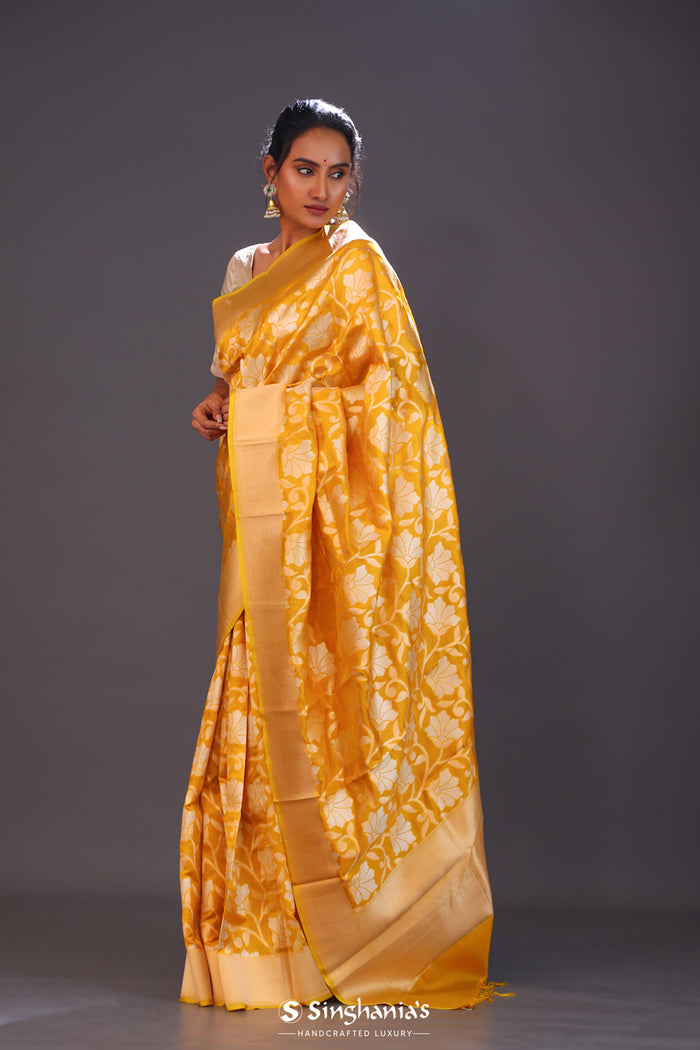 <img> Deep Saffron Jaal Banarasi Silk Saree