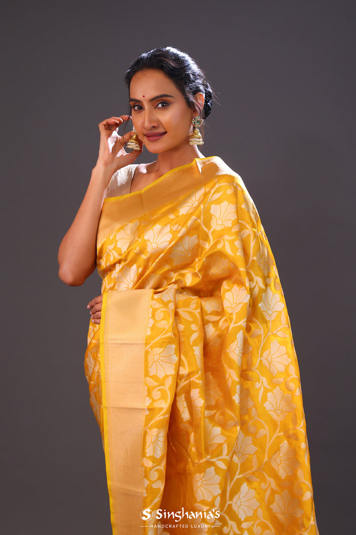 <img> Deep Saffron Jaal Banarasi Silk Saree