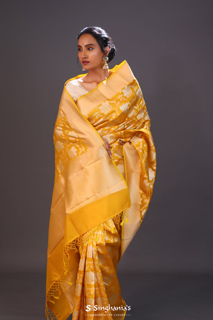 <img> Deep Saffron Jaal Banarasi Silk Saree