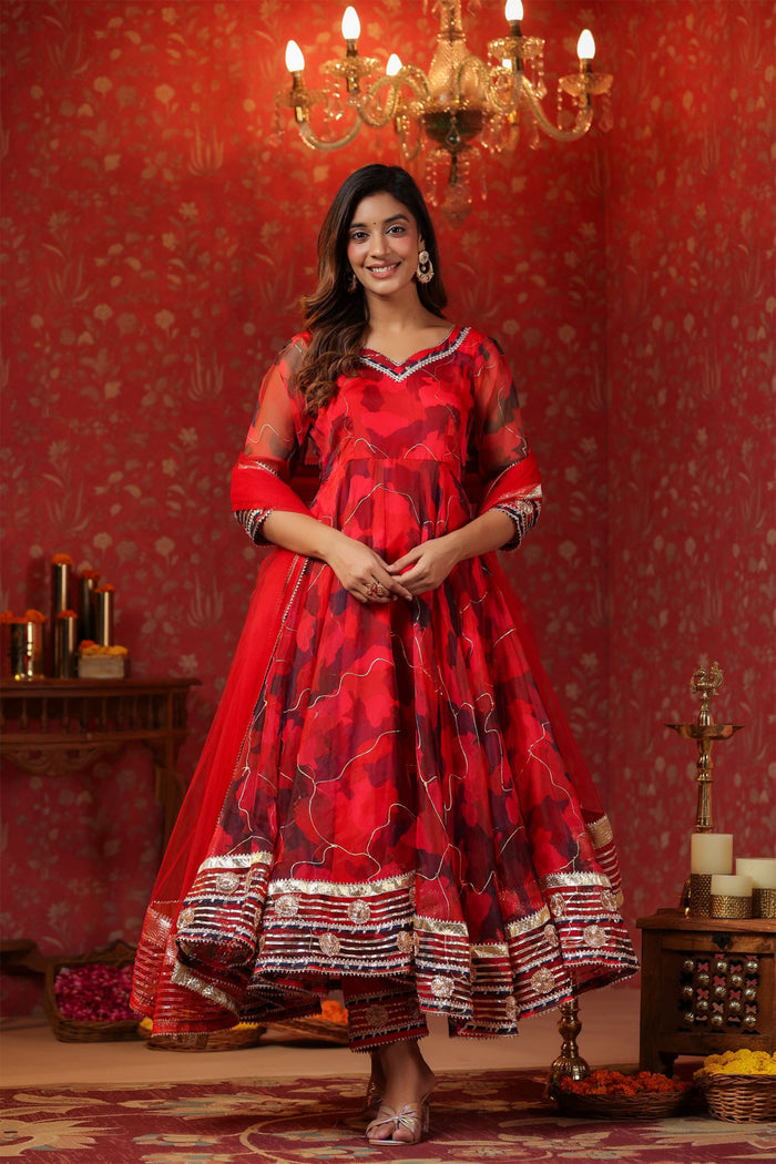 <img> Deep Scarlet Red Organza Printed Anarkali Set