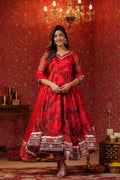 <img> Deep Scarlet Red Organza Printed Anarkali Set