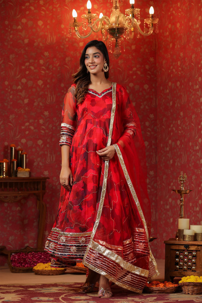 <img> Deep Scarlet Red Organza Printed Anarkali Set