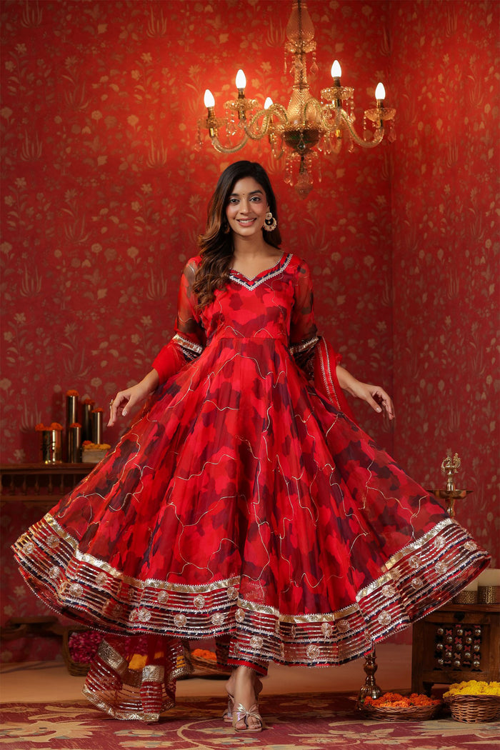 <img> Deep Scarlet Red Organza Printed Anarkali Set