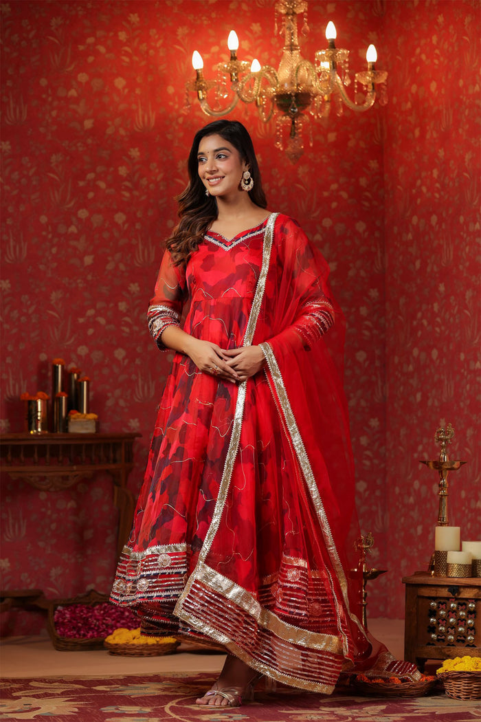 <img> Deep Scarlet Red Organza Printed Anarkali Set