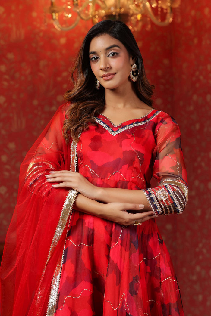 <img> Deep Scarlet Red Organza Printed Anarkali Set
