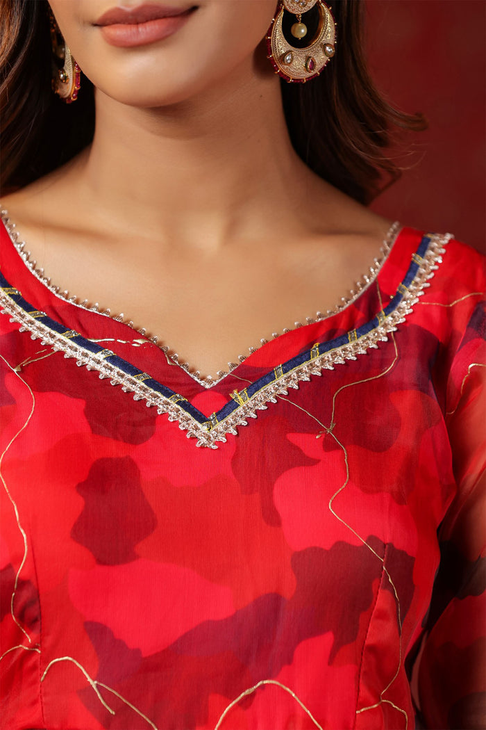 <img> Deep Scarlet Red Organza Printed Anarkali Set