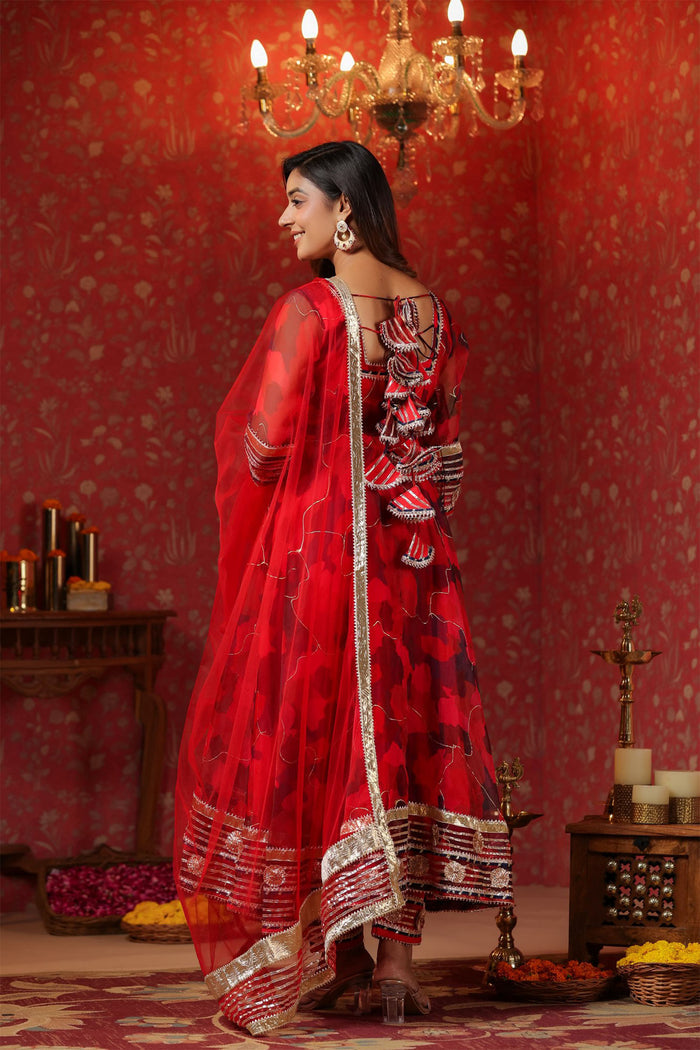 <img> Deep Scarlet Red Organza Printed Anarkali Set