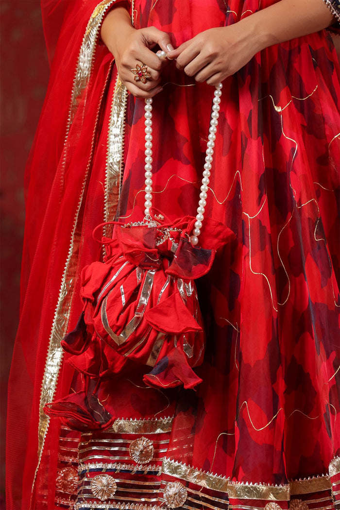 <img> Deep Scarlet Red Organza Printed Anarkali Set