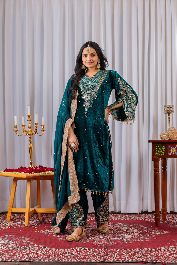 Deep Teal Green Velvet Embroidered Kurti Set