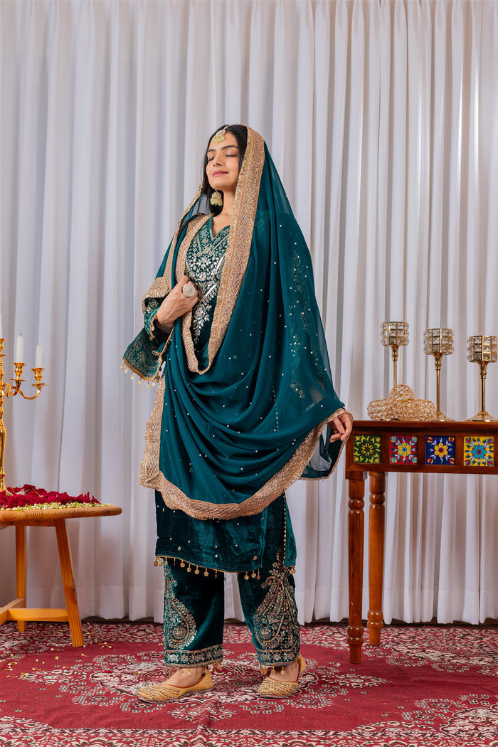 Deep Teal Green Velvet Embroidered Kurti Set