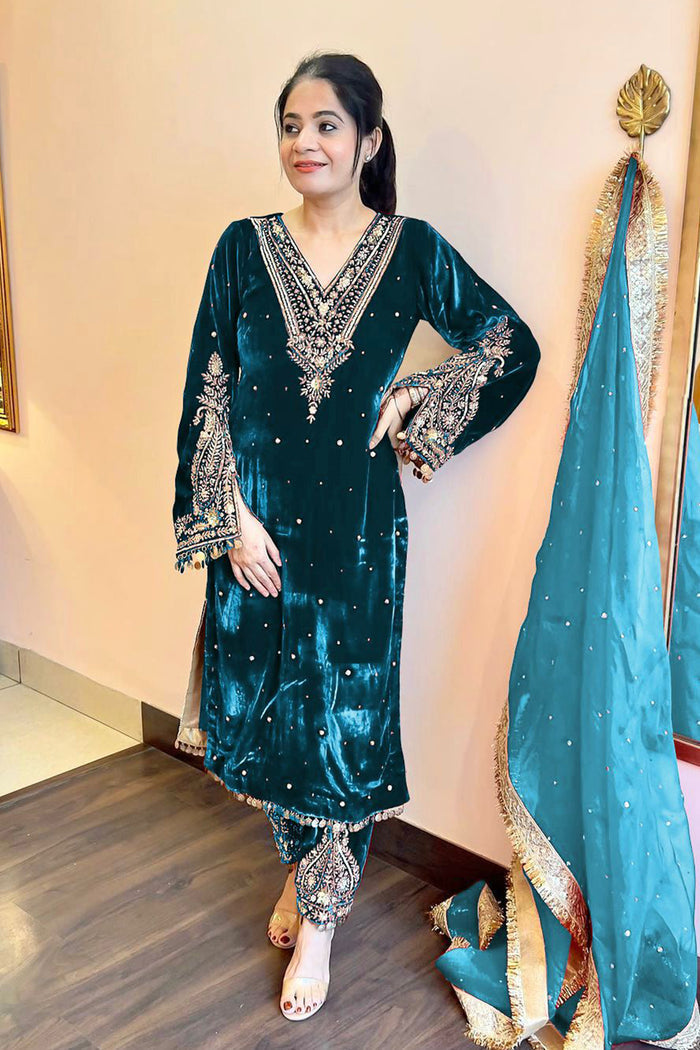 Deep Teal Green Velvet Embroidered Kurti Set