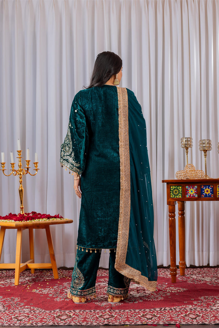 Deep Teal Green Velvet Embroidered Kurti Set