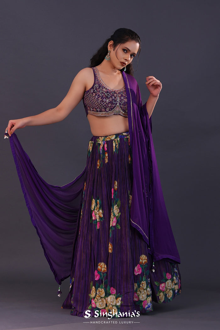 Deep Violet Chinon Floral Printed Lehenga Set