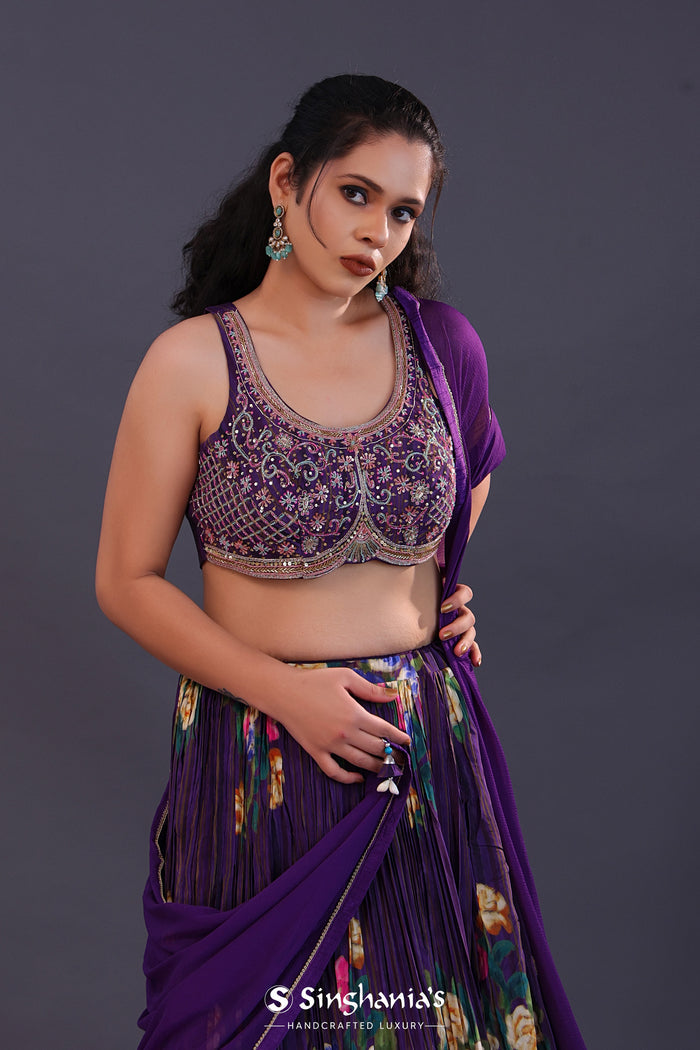Deep Violet Chinon Floral Printed Lehenga Set